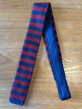 Knit Tie Burgundy Navy Striped Skinny Necktie Textured Square End